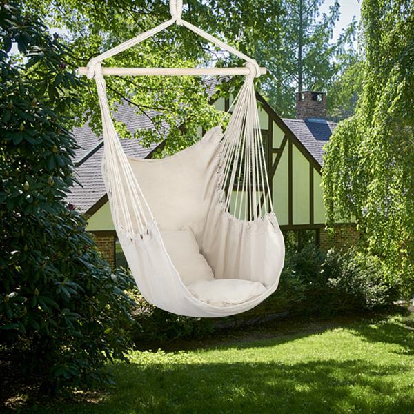 [US-W]Distinctive Cotton Canvas Hanging Rope Chair with Pillows Beige 