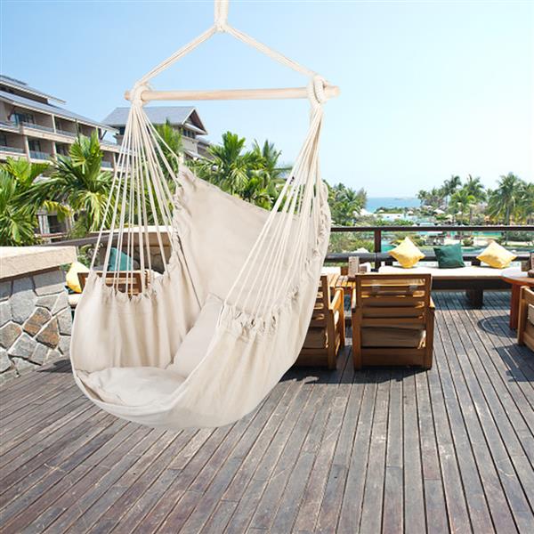 [US-W]Distinctive Cotton Canvas Hanging Rope Chair with Pillows Beige 