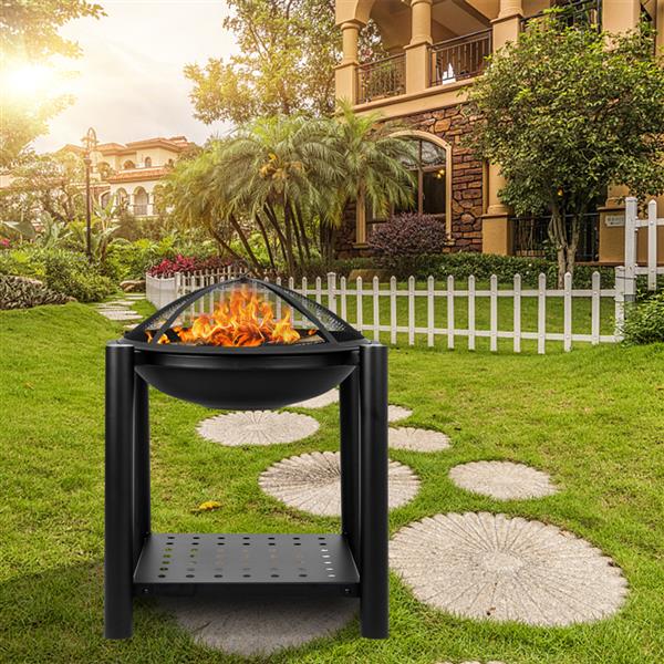 22" Four Feet Iron Brazier Wood Burning Fire Pit Decoration for Backyard Poolside with a Shelf 
