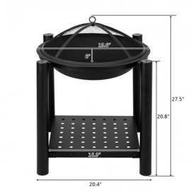 22" Four Feet Iron Brazier Wood Burning Fire Pit Decoration for Backyard Poolside with a Shelf