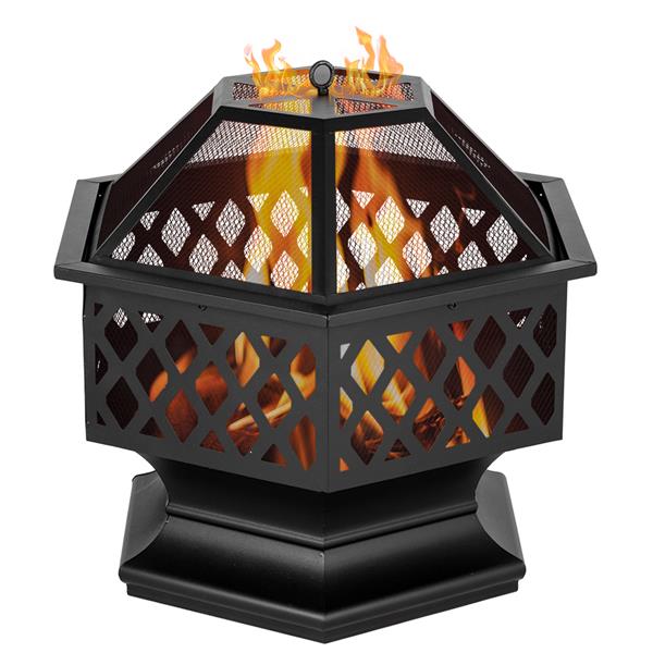 24" Hexagonal Shaped Iron Brazier Wood Burning Fire Pit Decoration for Backyard Poolside 