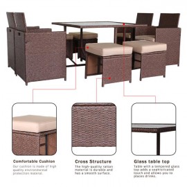 9 Pieces Wood Grain PE Wicker Rattan Dining Ottoman with Tempered Glass Table Patio Furniture Set