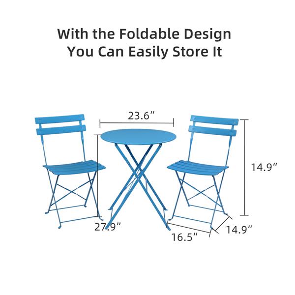 [US-W]Iron Folding Three-Piece Set 2 Chairs 1 Table Blue 