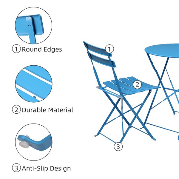 [US-W]Iron Folding Three-Piece Set 2 Chairs 1 Table Blue 