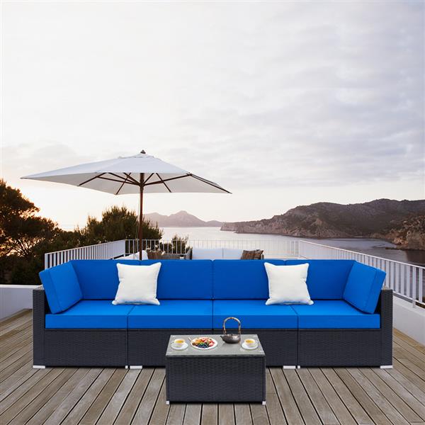 Fully Equipped Weaving Rattan Sofa Set with 2pcs Corner Sofas & 2pcs Single Sofas & 1 pcs Coffee Table Black 