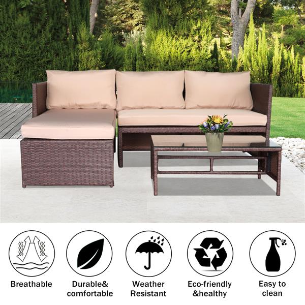 3 Pieces Wood Grain PE Wicker Rattan Ottoman with Tempered Glass Table Patio Sofa Set 