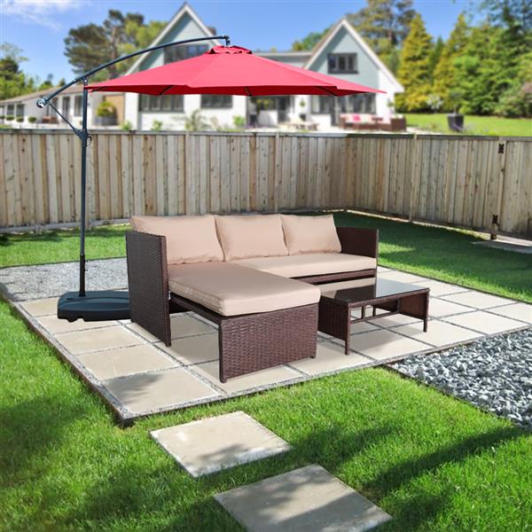 3 Pieces Wood Grain PE Wicker Rattan Ottoman with Tempered Glass Table Patio Sofa Set 